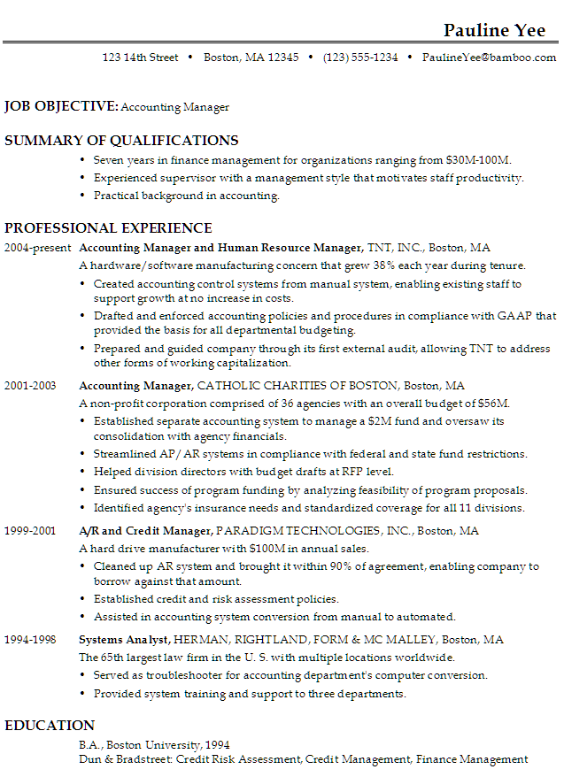 sample resume for accounting manager