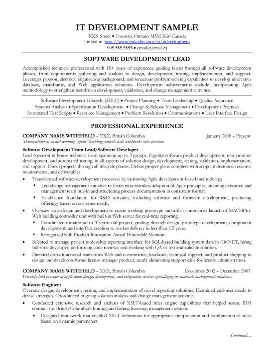 sofware development lead resume sample