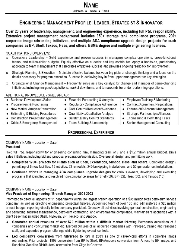 resume sample 10 engineering management resume career resumes