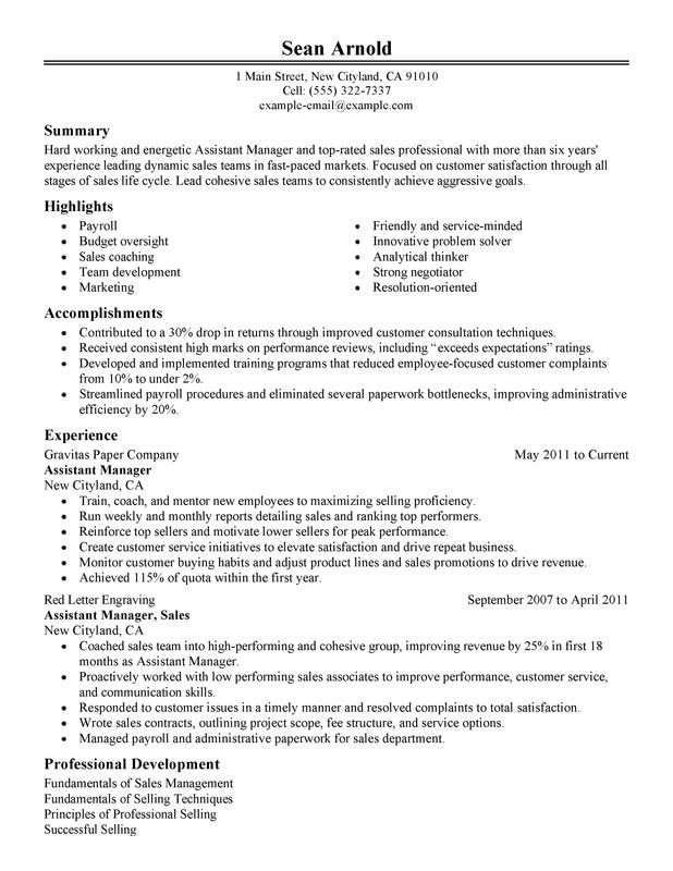 assistant sales manager resume examples free to try today