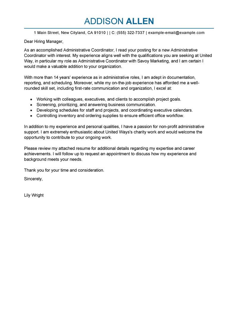 leading professional administrative coordinator cover letter