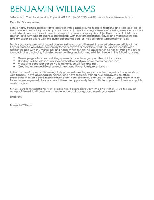 administrative assistant cover letter examples for admin livecareer