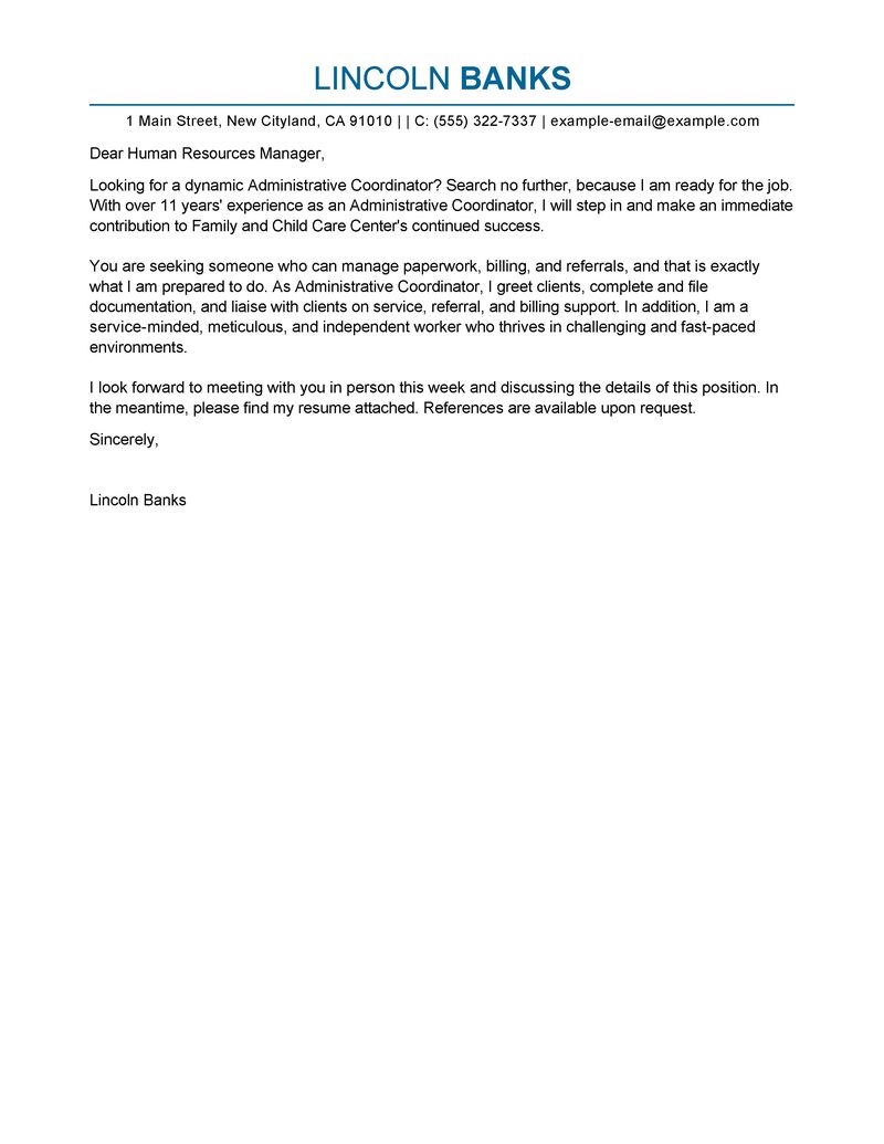 leading professional administrative coordinator cover letter example