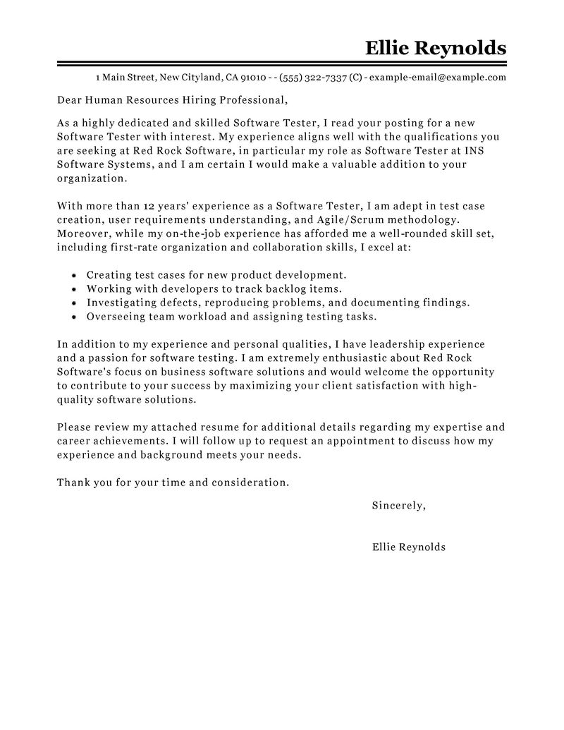 leading professional software testing cover letter examples