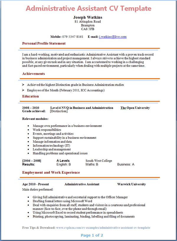administrative assistant cv template tips and download cv plaza