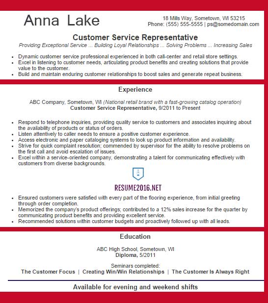 customer service representative resume example 2016