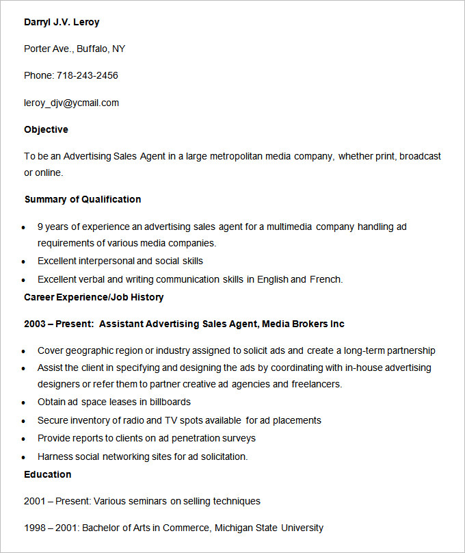advertising resume template 16 free samples examples format