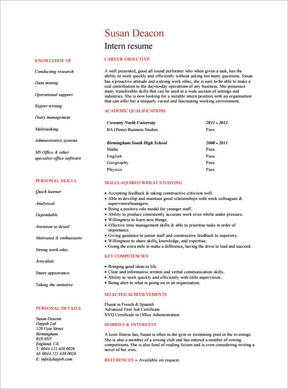 8 internship resume templates pdf doc free premium templates