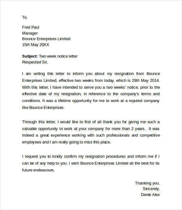 7 resignation letters 2 week notice sample templates
