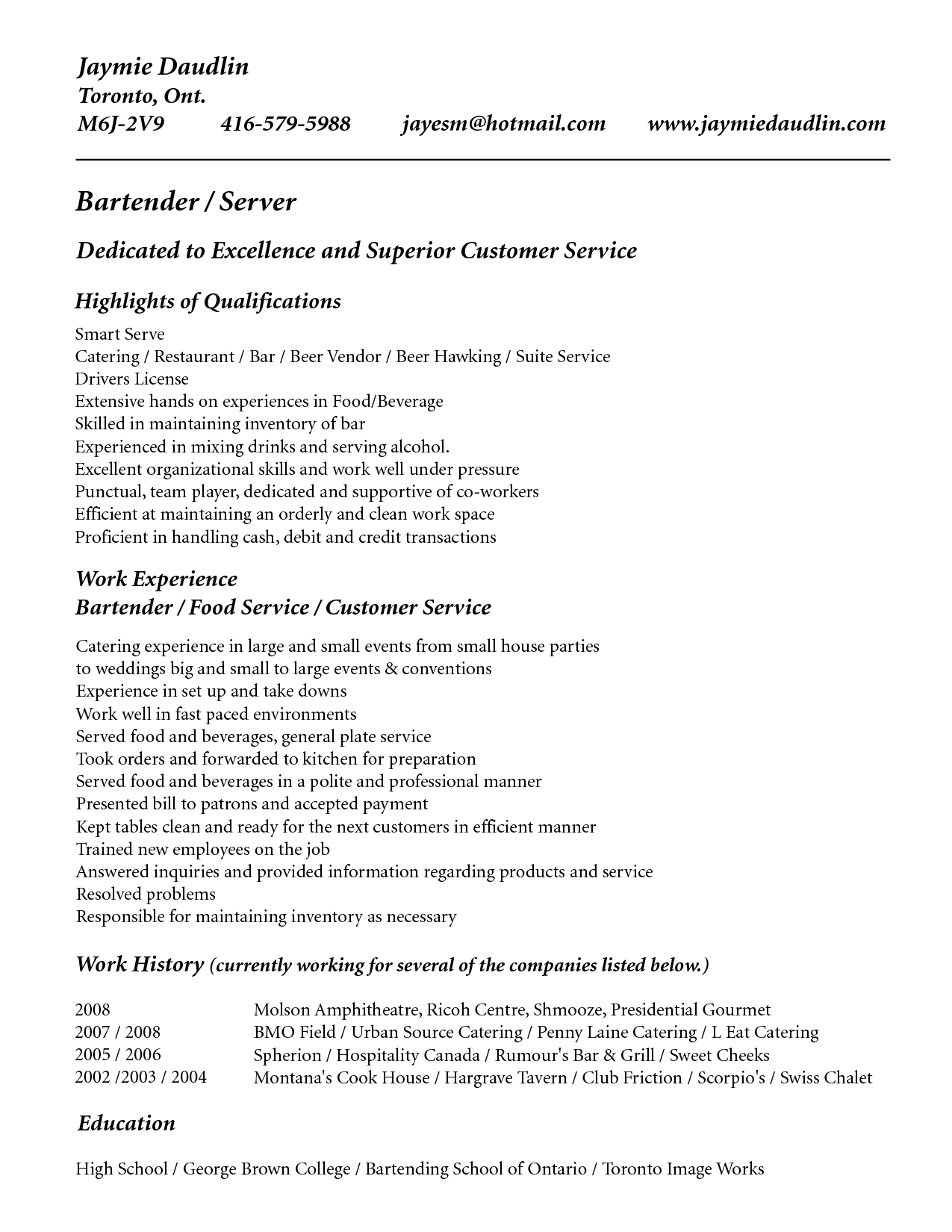 bartending experience on a professional resume hola klonec co