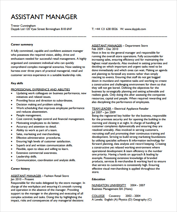 10 assistant manager resume templates sample templates