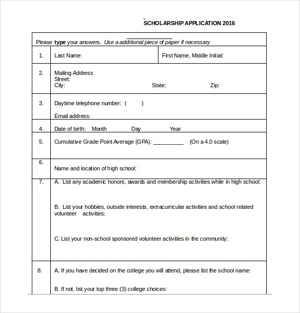 scholarship application template 10 free word pdf documents
