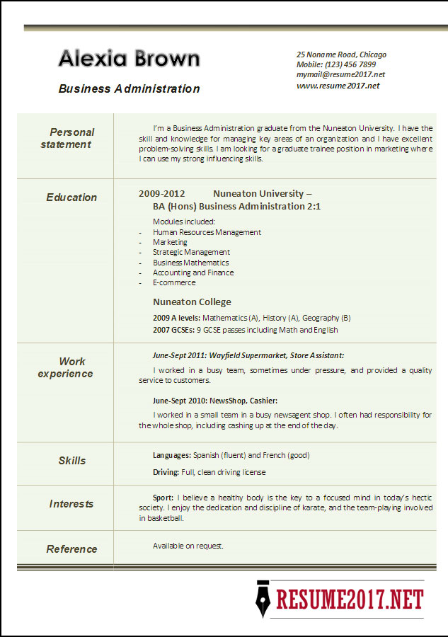 business administration resume examples 2017