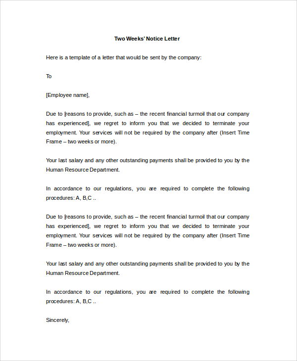 7 2 week notice letter samples examples templates sample templates
