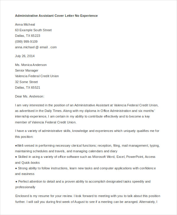 administrative assistant cover letter 8 free word pdf documents