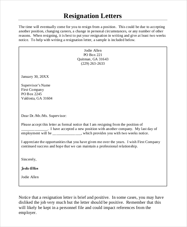 6 sample resignation letters with 2 week notice sample templates