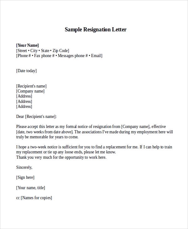 6 sample resignation letters with 2 week notice sample templates