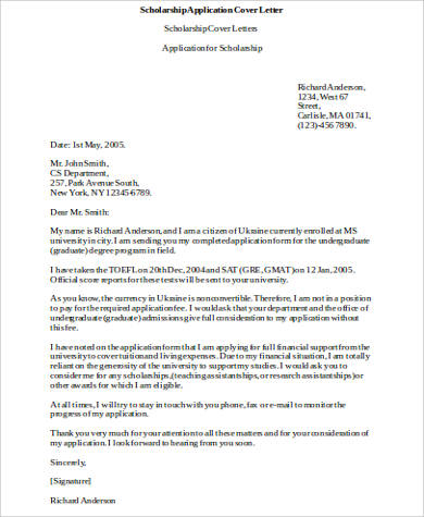 5 cover letter for scholarship sample templates