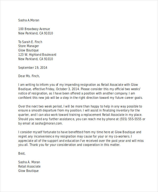 19 two weeks notice letter examples samples