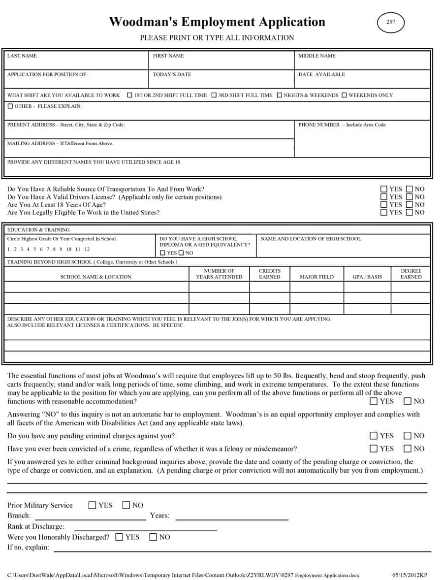 50 free employment job application form templates printable