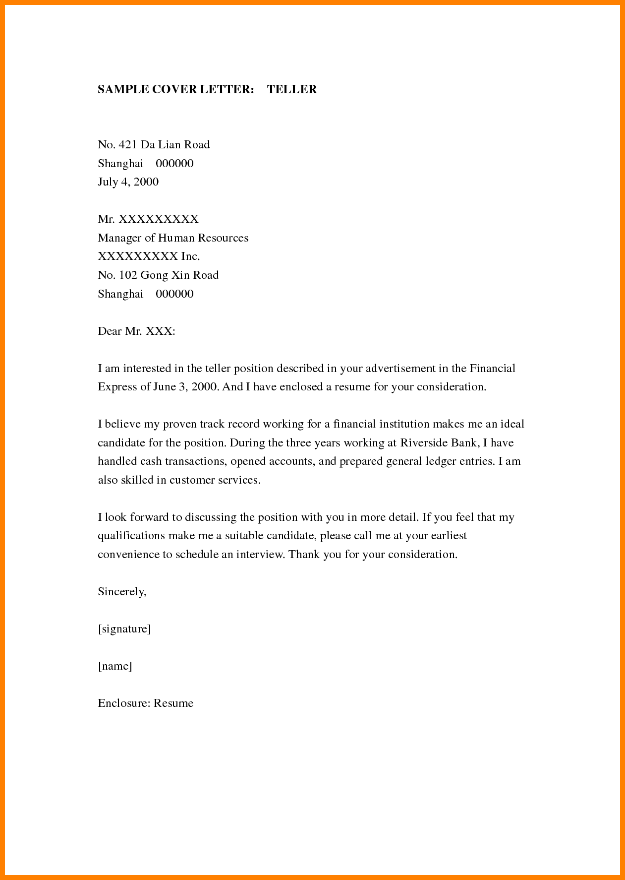 cover letter for bank teller position no experience best cover
