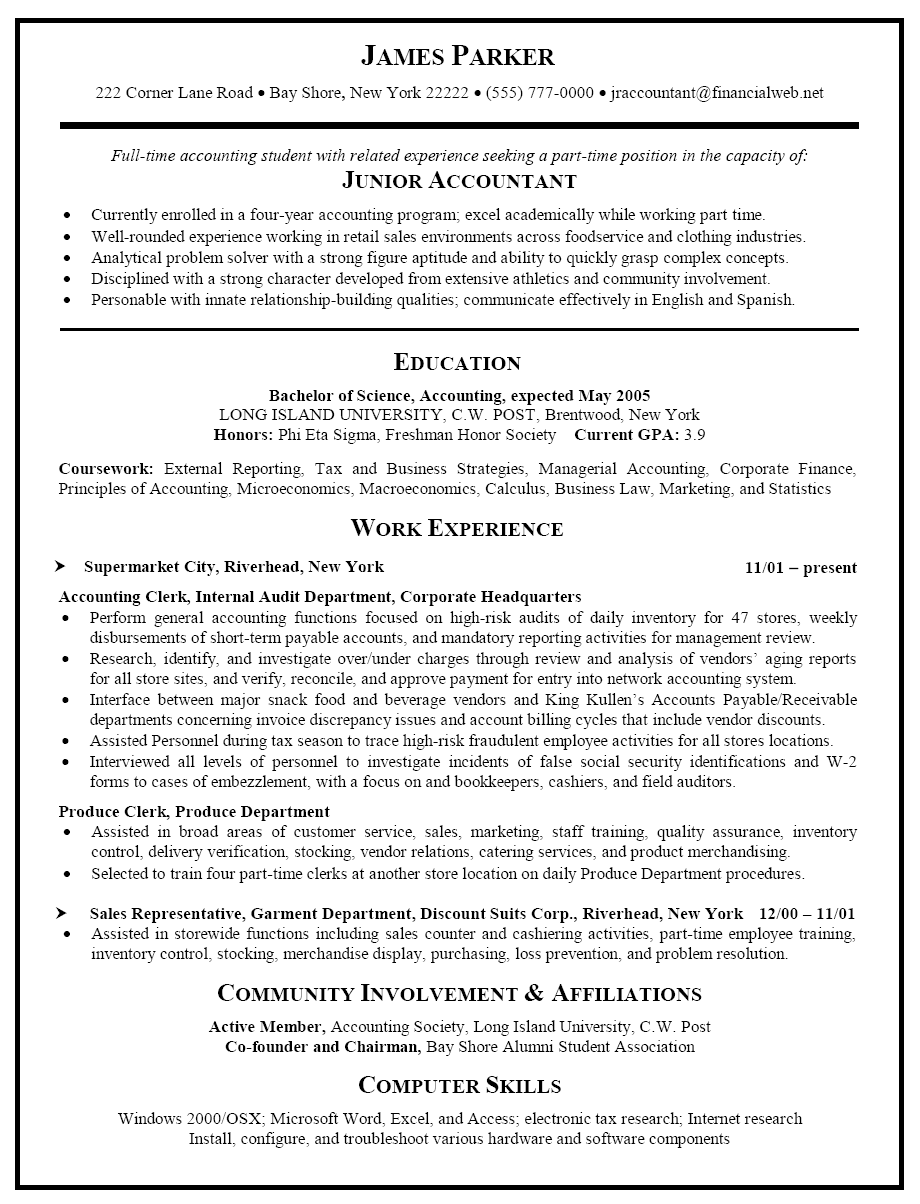 sample resume for accounting position example