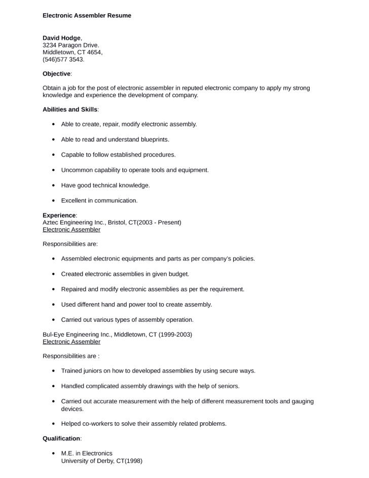 resume for electronic assembler april onthemarch co