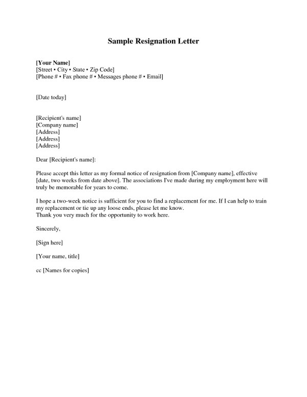 two weeks notice resignation letter examples pdf