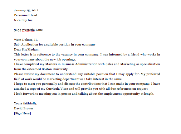 simple application letter sample for any vacant position top form