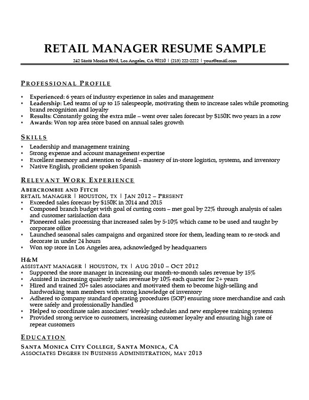 retail manager resume sample writing tips resume companion