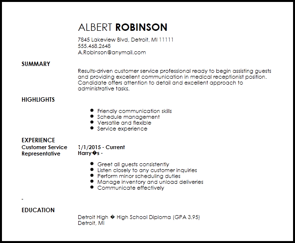 free medical receptionist entry level resume template resumenow