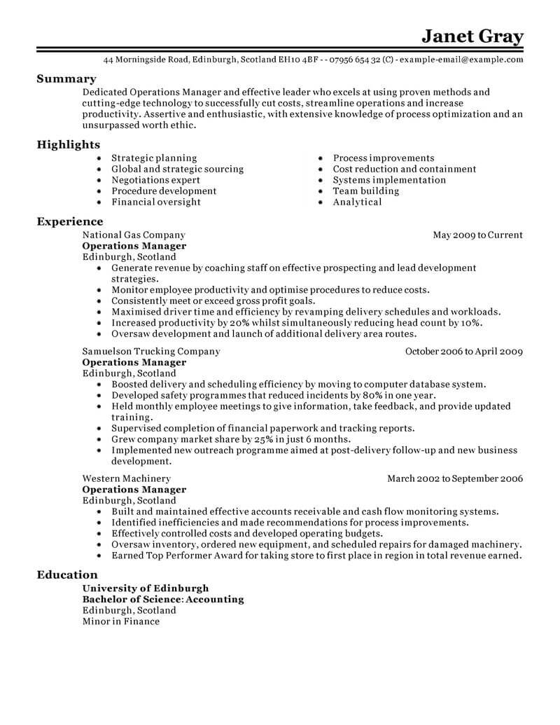 resume sample for management position