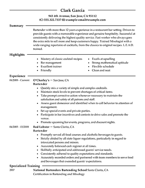 example bartender resume april onthemarch co
