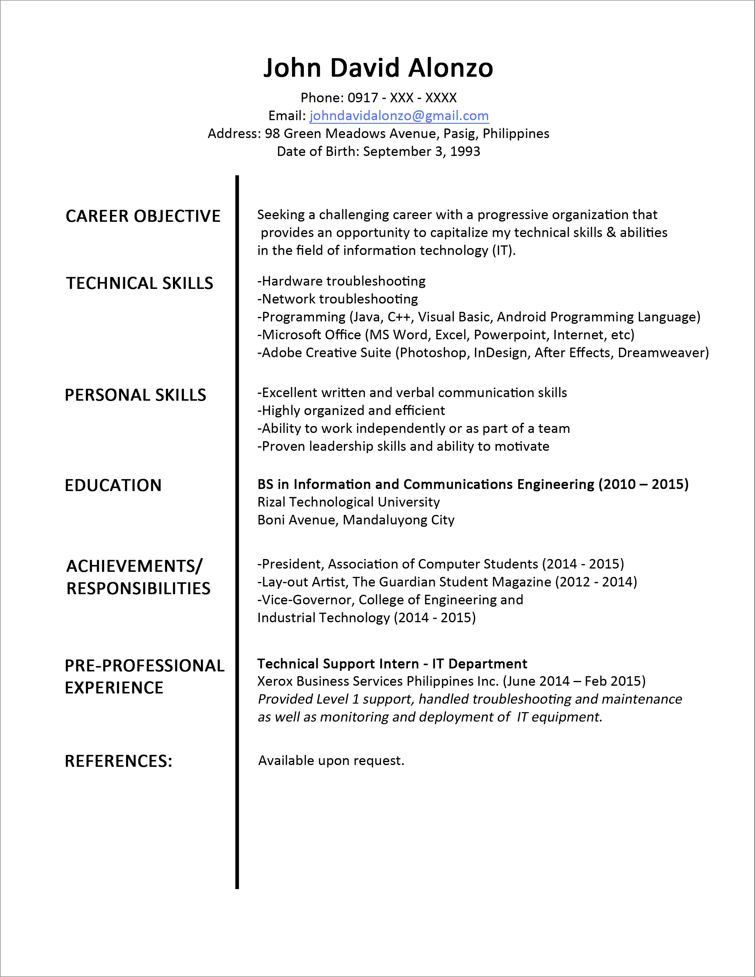 sample resume format for fresh graduates one page format